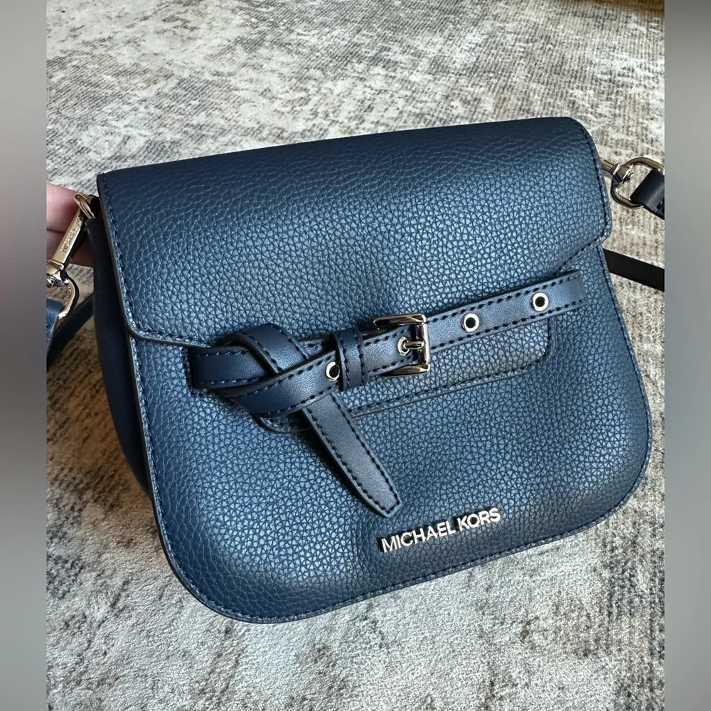 Michael Kors Emilia Small Saddle Flap‎ Crossbody Bag Navy Blue OS